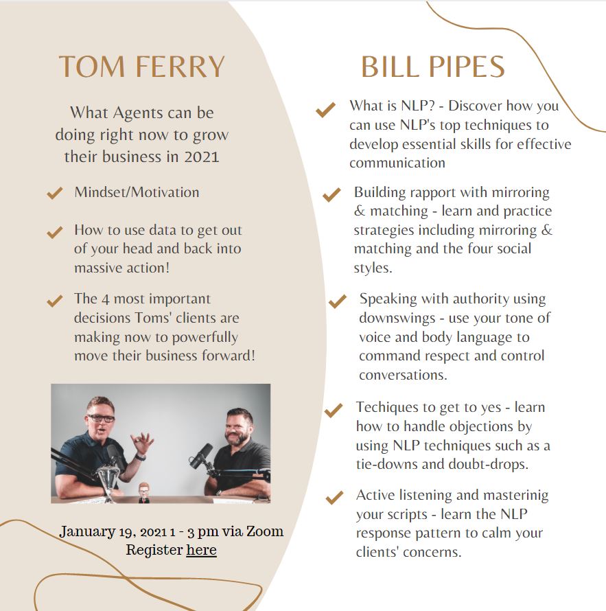 TOM FERRY AND BILL PIPES TUESDAY, JANUARY 19, 1 – 3 PM